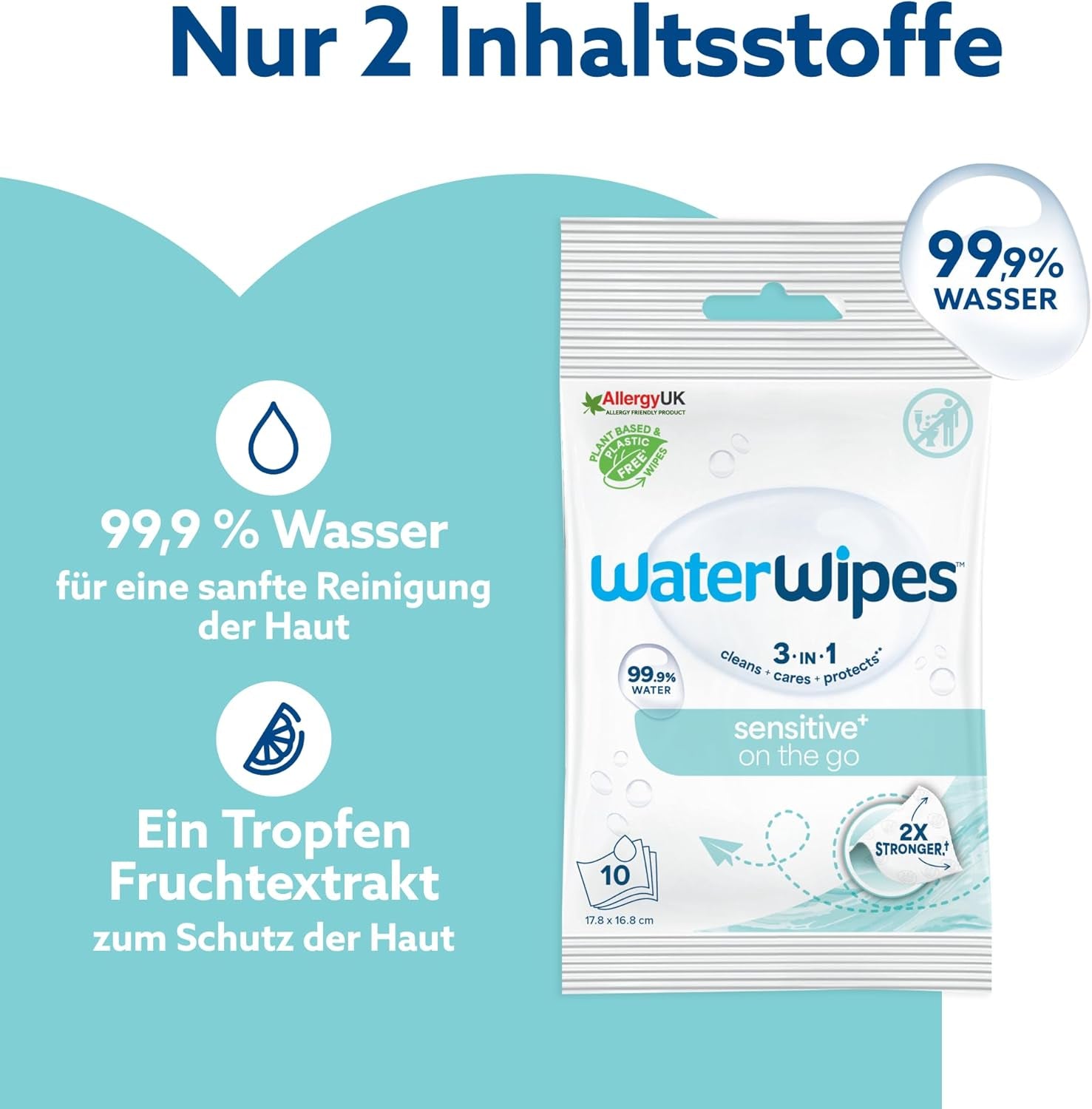 Chusteczki nawilżane WaterWipes Sensitive+ On The Go, 100 chusteczek (10 szt.), 3 w 1 czyści, pielęgnuje, chroni, 99,9% wody, chusteczki bezzapachowe