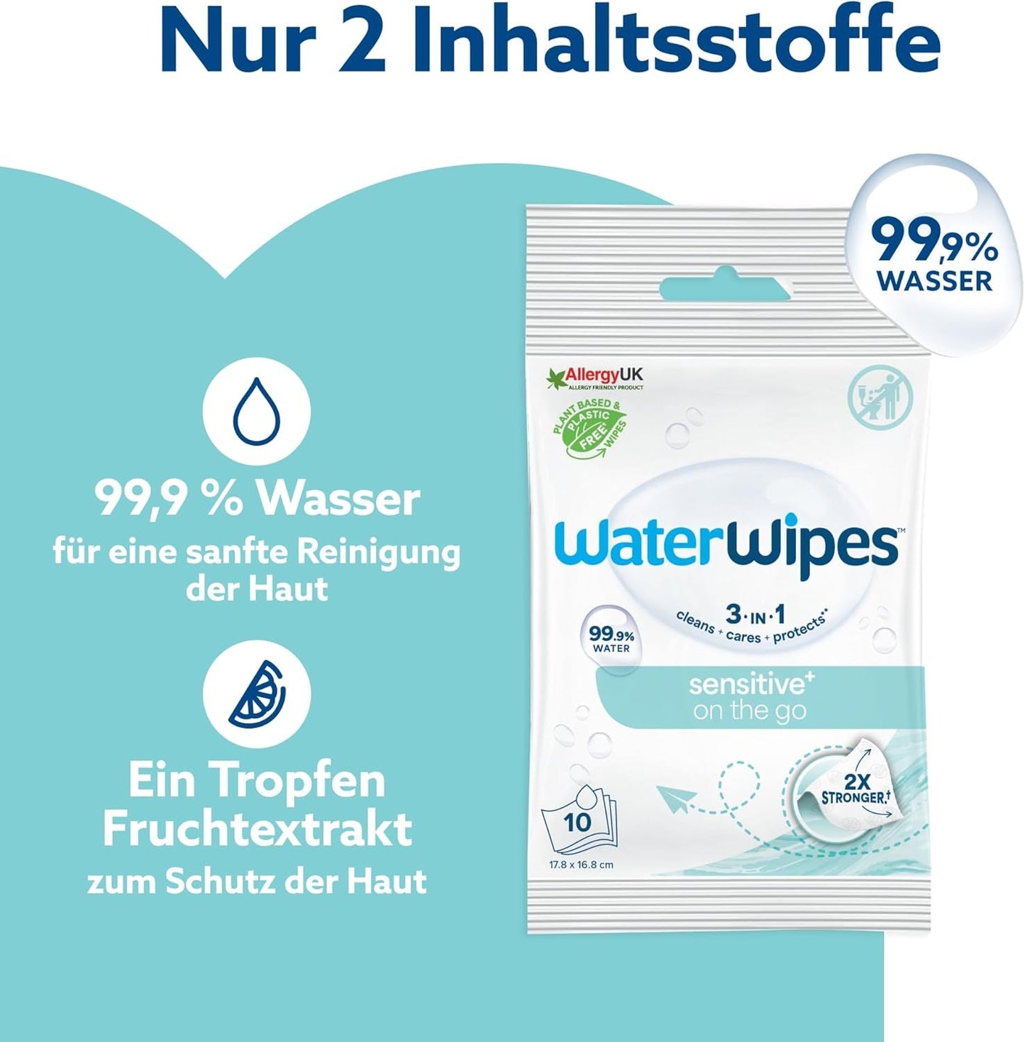 Chusteczki nawilżane WaterWipes Sensitive+ On The Go, 100 chusteczek (10 szt.), 3 w 1 czyści, pielęgnuje, chroni, 99,9% wody, chusteczki bezzapachowe
