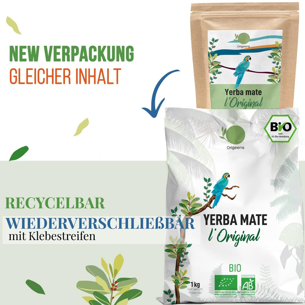 ORIGEENS BIO YERBA MATE TEA 1 KG - The Original I Niepalona, ​​liście, bez łodyżek, kurzu i okruchów I Napój energetyzujący i detoksykujący