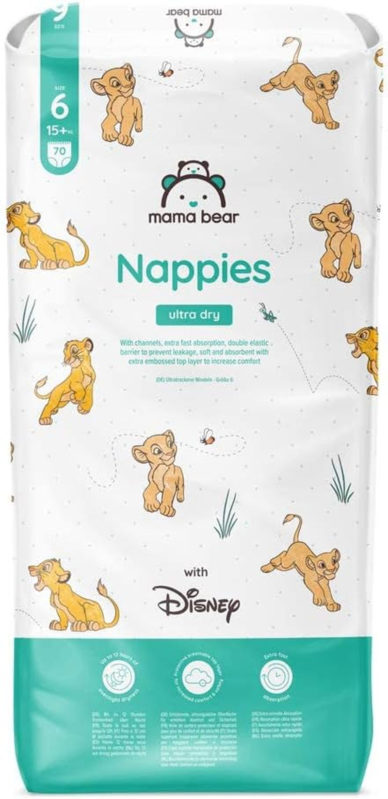 Marka Amazon: pieluszki Mama Bear Disney Ultra Dry, rozmiar 3 (4–9 kg) – pudełko miesięczne, białe, 172 szt. (2 opakowania po 86 szt.)
