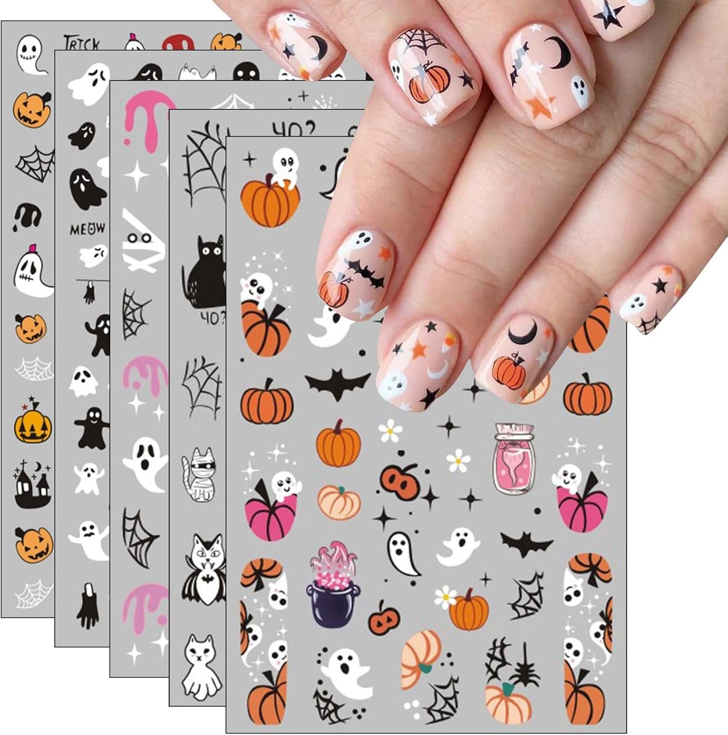 JMEOWIO Nagelsticker Halloween 8 Blatt Nail Art Naklejka Selbstklebend Nagelaufkleber Totenkopf Horror Geist Hexe Spinnennetz Fledermaus Kürbis Spukdekoration Nageldesign Zubehör
