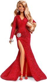 Barbie Mariah Carey - lalka kolekcjonerska z błyszczącą czerwoną sukienką, falbankami, rozcięciem, uroczymi lokami, srebrnymi dodatkami, czerwonymi szpilkami, tradycją bożonarodzeniową, dekoracją, HJX17