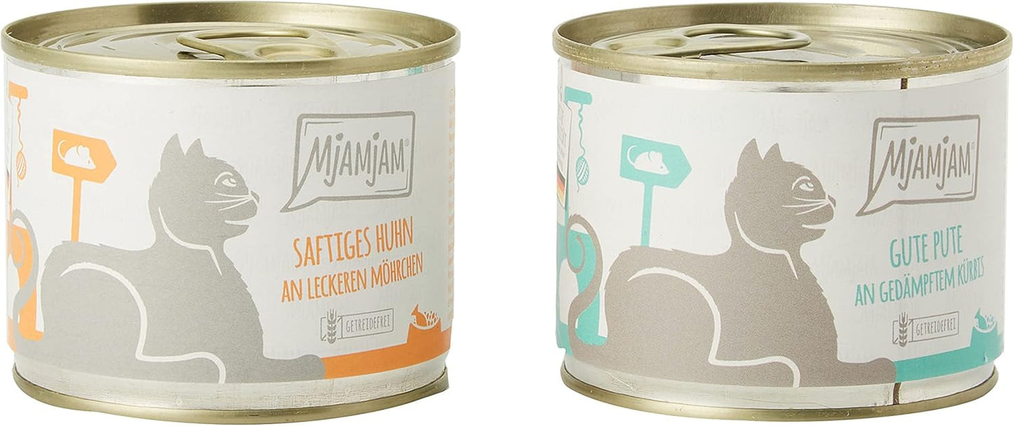 MjAMjAM - Mokra karma dla kotów Premium - Monopack I - z kurczakiem i indykiem, 6-pak (6 x 200g), bez zbóż z dodatkiem mięsa