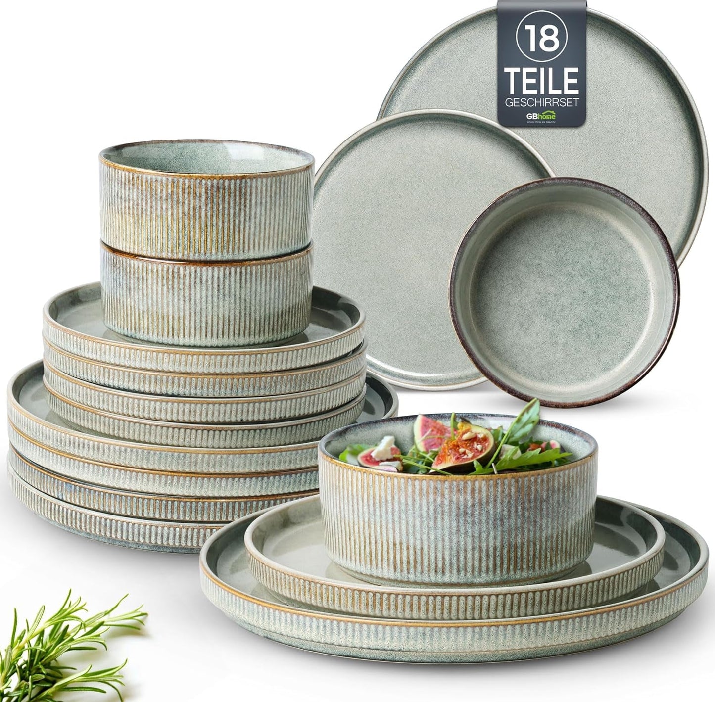 GBhome Ceramiczny zestaw obiadowy dla 6 osób 18 sztuk Reaktywna glazura Ręcznie wykonany zestaw naczyń porcelanowych Zestaw misek i talerzy można myć w kuchence mikrofalowej i zmywarce