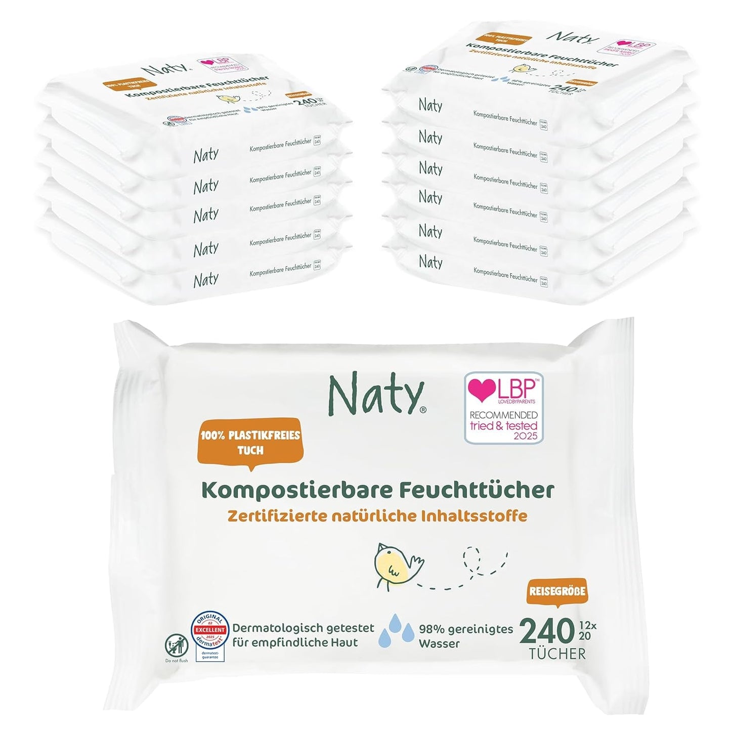 Chusteczki Naty Baby | 100% ziołowy i bezzapachowy dla skóry wrażliwej | Certyfikowane, kompostowalne chusteczki niezawierające plastiku, zawierające w 98% wodę oczyszczoną | 672 chusteczki (12 opakowań)