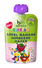 biocentral BioKids Przecier owocowy Jabłko Banan Malina Owies | 12x90g | Owocowa przekąska bez dodatku cukru | Wegańskie