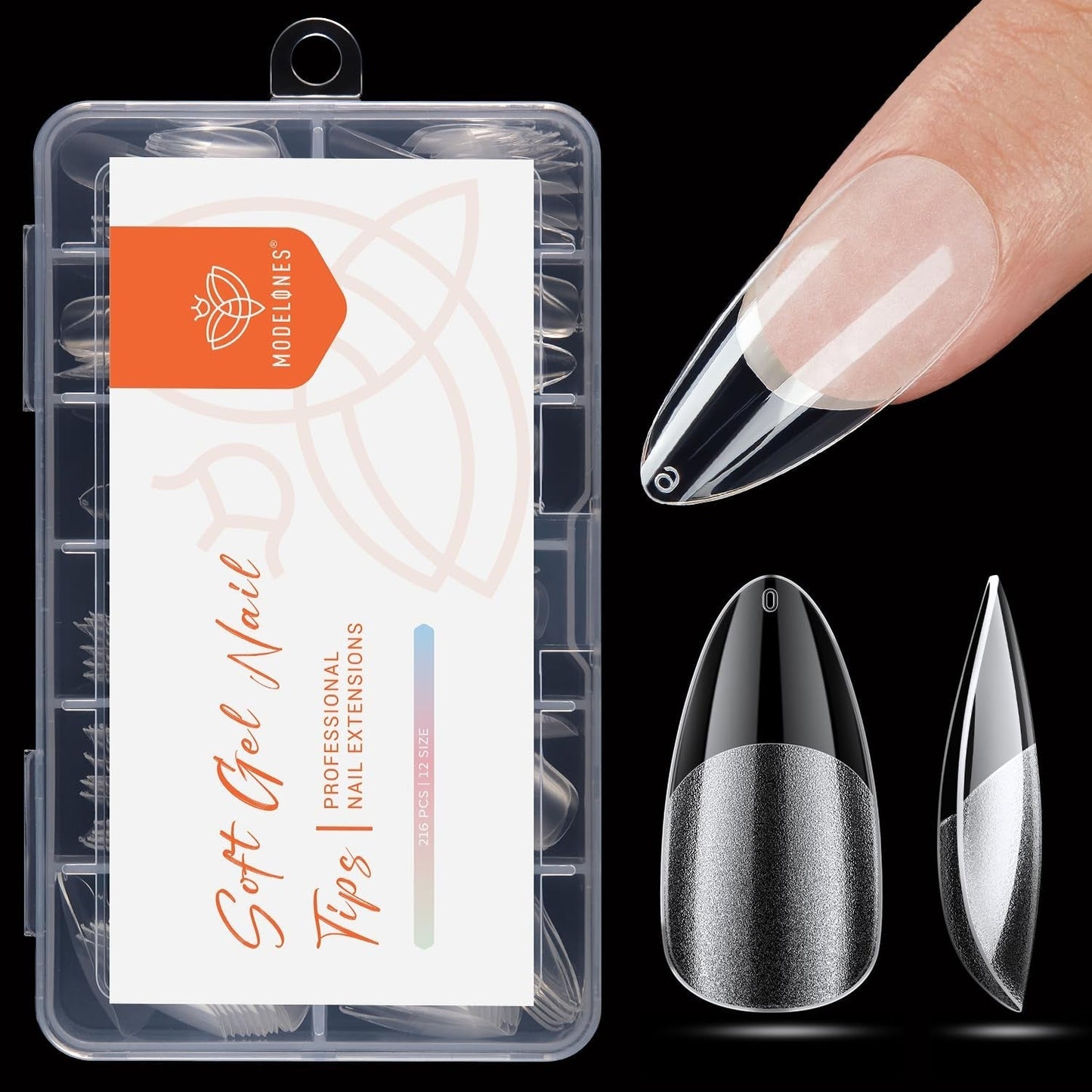 Modelones Tipsy 216 sztuk - Zestaw Full Cover Tips, Zestaw miękkich Tipsów żelowych, Wstępne polerowanie Tipsów z żywicy PMMA, DIY Klej na sztucznych paznokciach, Krótkie Migdały XS