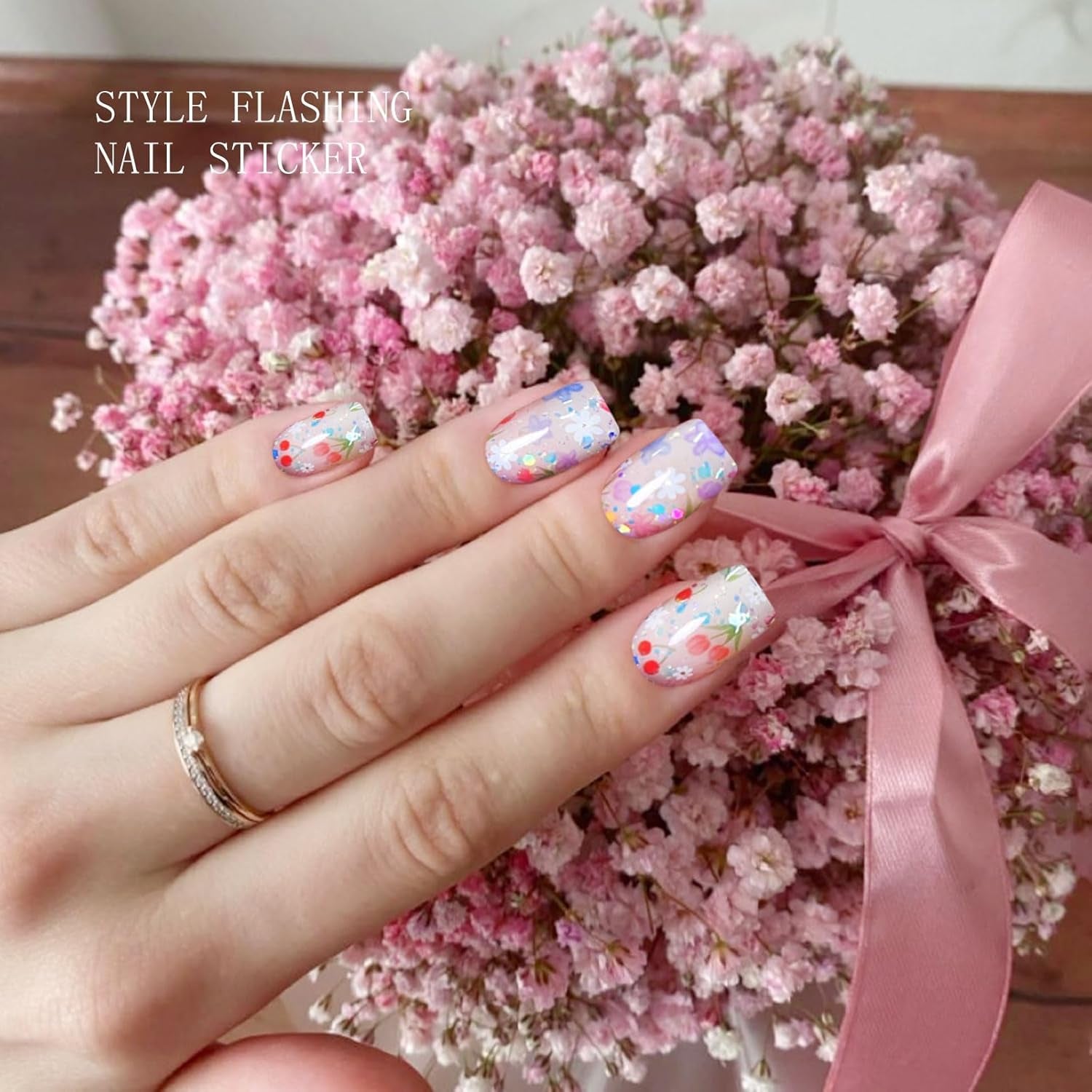 JMEOWIO Nagelfolie UV Härtend Bunter Blumenglitzer Żelowe paski do paznokci UV Nagelsticker Nagelaufkleber Nail Art Dekoration Nageldesign Zubehör