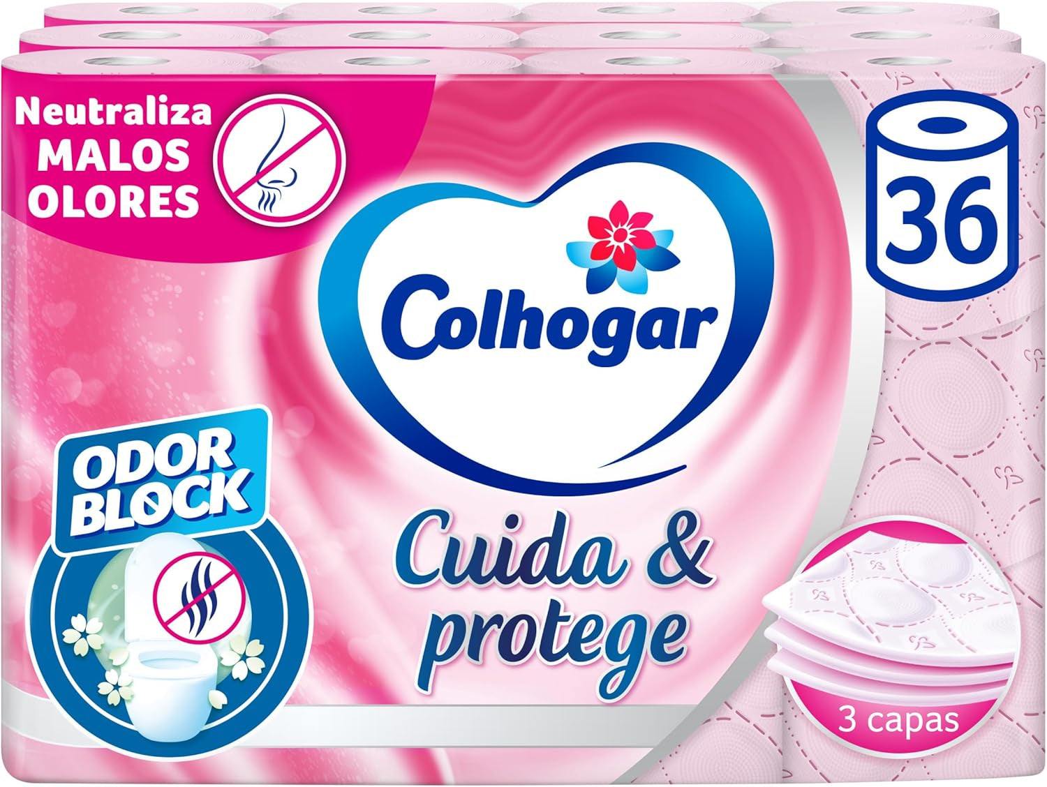 Colcasa Care & Protect Papier toaletowy 3 X 12 z technologią blokowania nieprzyjemnych zapachów, neutralizuje nieprzyjemne zapachy, opakowanie 36 rolek, 3-warstwowe, świeżo pachnące różowe rolki