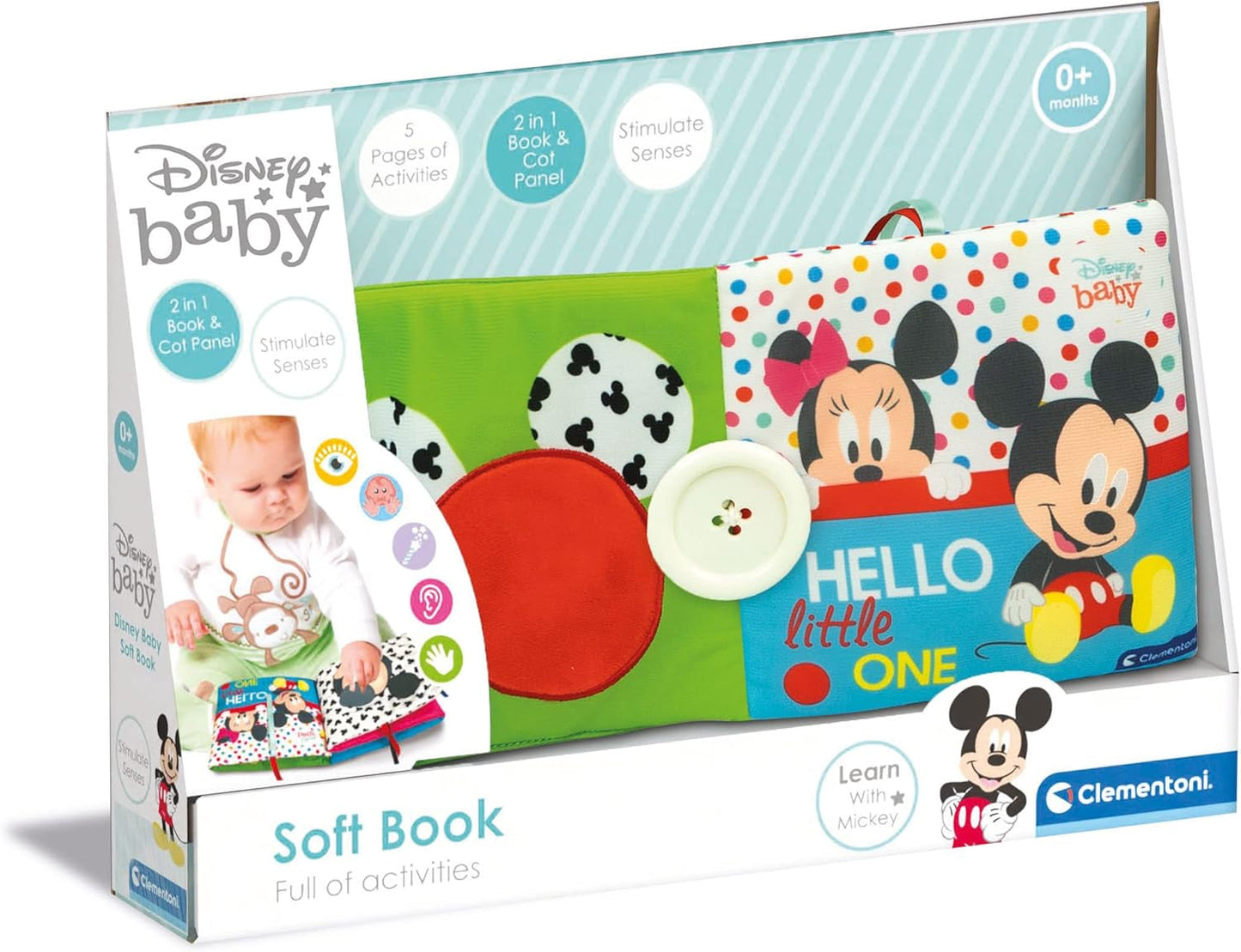 Clementoni 17721 Disney Baby - Książeczka z tkaninami, wszechstronna zabawka podróżna dla dziecka, trzeszcząca i piszcząca książeczka z obrazkami dla noworodków od 0 miesiąca życia Zabawki dla dzieci Naty Shop