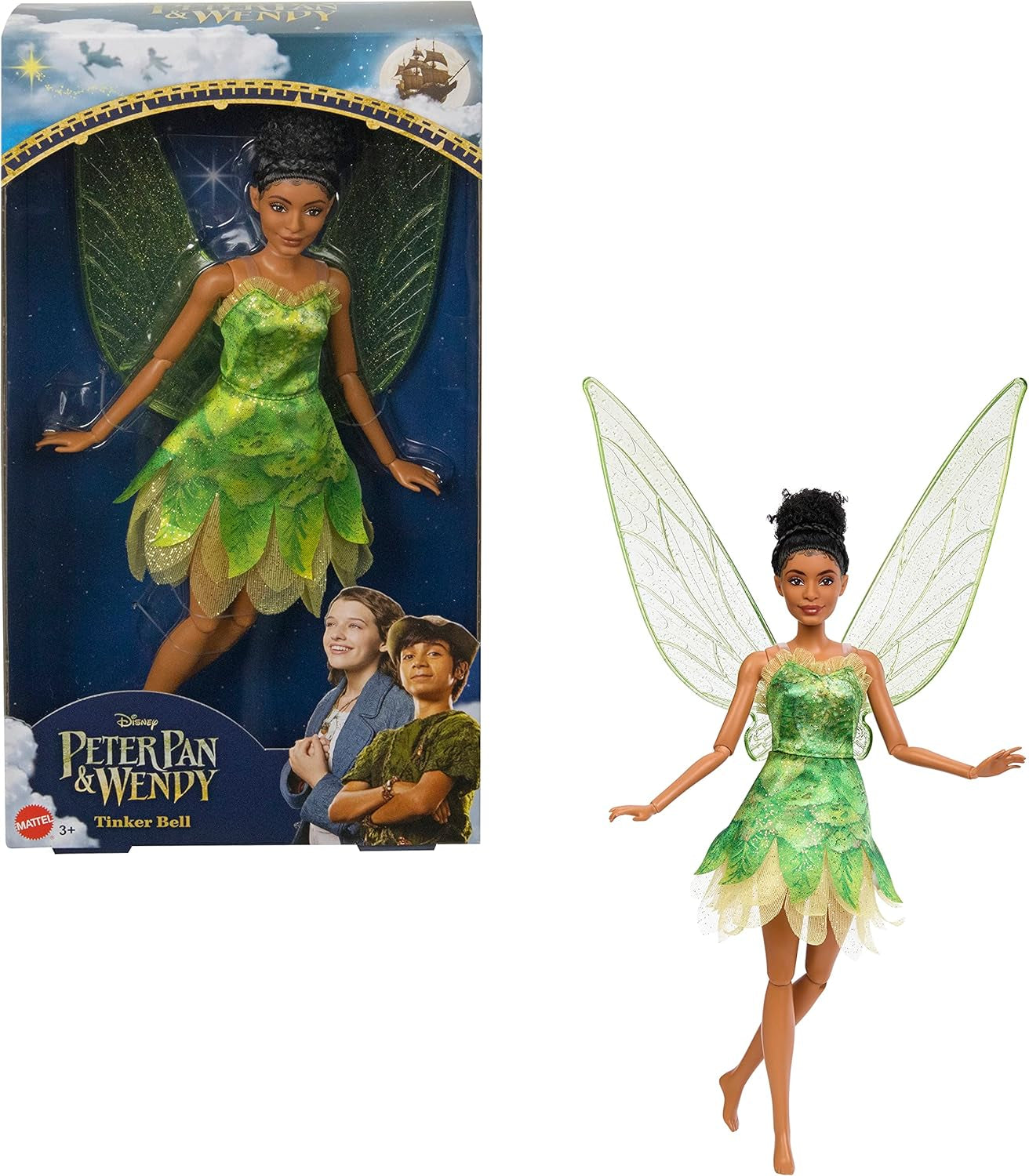Lalka Disney Piotruś Pan i Wendy Dzwoneczek z ruchomymi skrzydłami i zieloną sukienką Prezent inspirowany filmem dla dzieci do odtwarzania scen lub własnych przygód HNY37