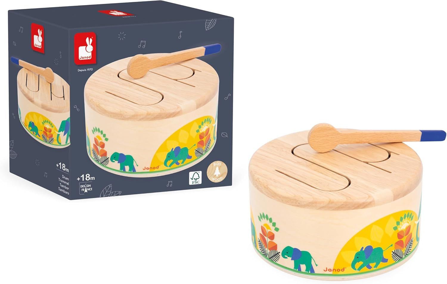 Janod - Gioia Drum - Drewniany bęben FSC + bęben - Odgrywanie ról i wczesna edukacja muzyczna - Akwarela - Od 18 miesiąca, J07650 Bebe Toys Naty Shop