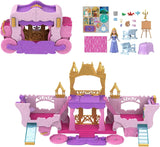 Mattel Disney Princess Zestaw do przekształcenia karetki w zamek z małą laleczką Aurorą, 3 poziomy, 6 obszarów do zabawy, 4 figurki, meble i akcesoria Lalki HWX17 Naty Shop Multicolor