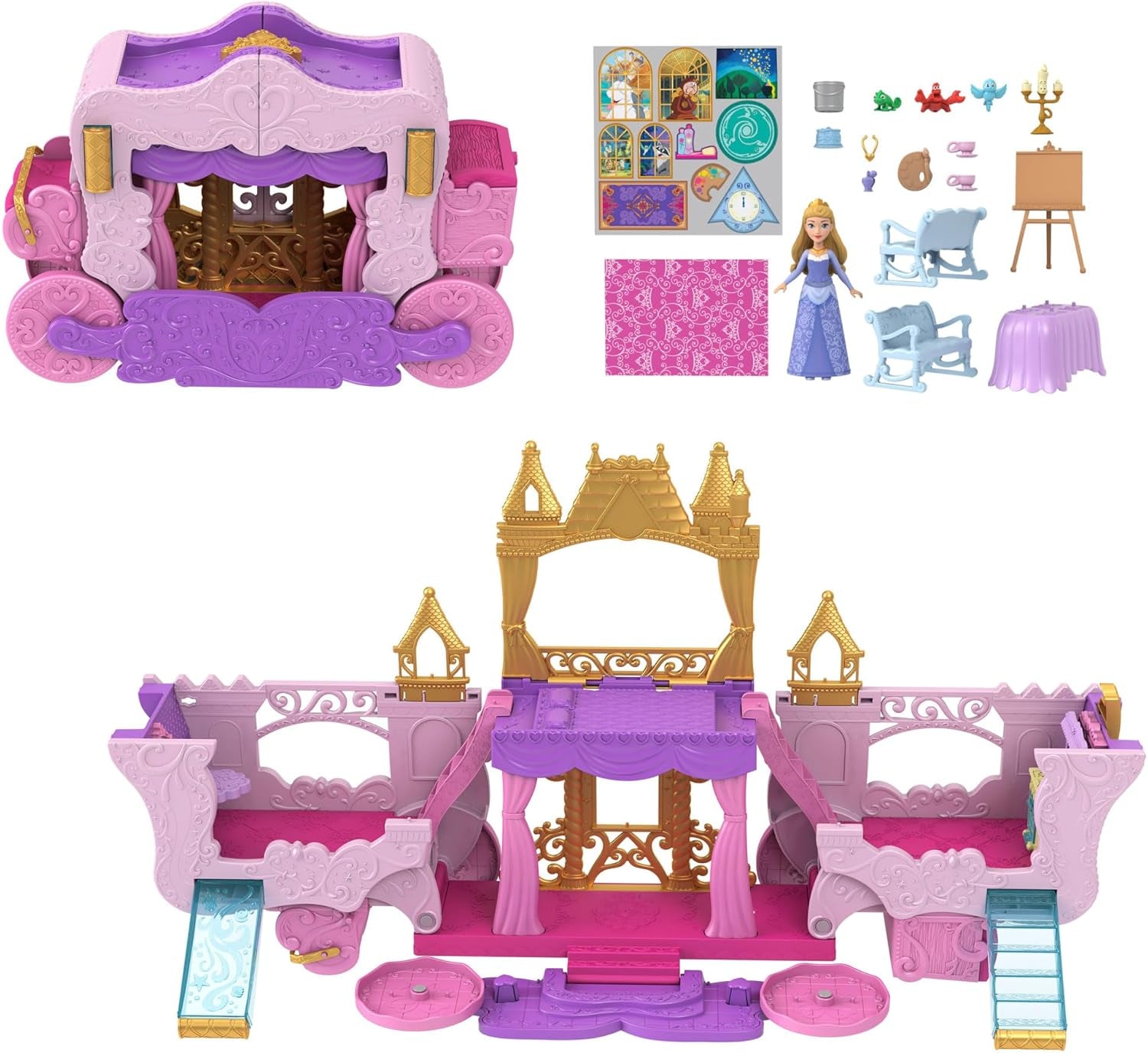 Zestaw do transformacji Mattel Disney Princess Przewóz do zamku z minilalką Aurora, 3 poziomy, 6 obszarów do zabawy, 4 figurki, meble i akcesoria HWX17