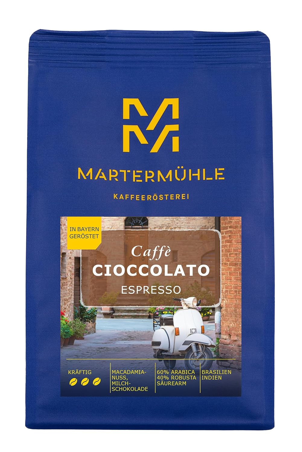 Ziarna espresso Martermühle Cioccolato 500g Mocne | Arabika/Robusta | Smaki: Orzechy makadamia, mleczna czekolada | Jasno palone całe ziarna espresso, niska kwasowość