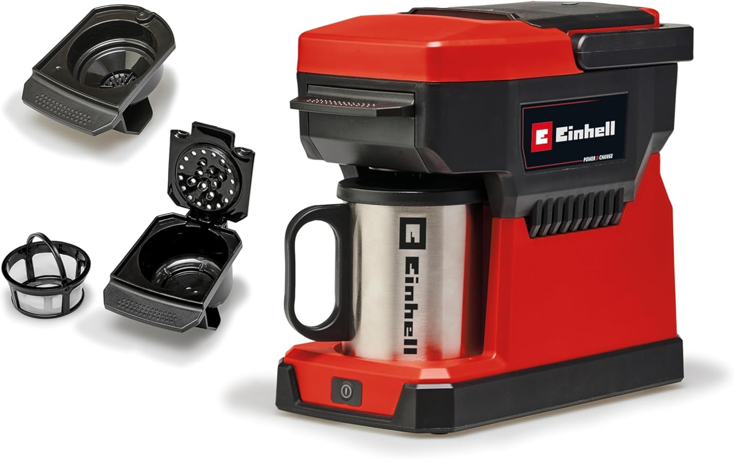 Bezprzewodowy ekspres do kawy Einhell TE-CF 18 Li-Solo Power X-Change (18 V, zbiornik na wodę 240 ml, na kawę filtrowaną i kapsułki z kawą, uchwyt do przenoszenia, w komplecie filiżanka z pokrywką, bez akumulatora)