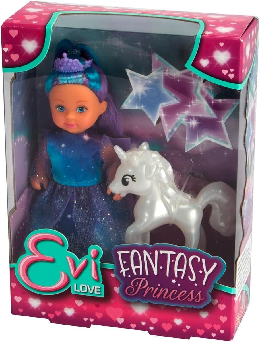 Lalka Simba Evi Księżniczka Fantasy of Love w bajkowej sukience z błyszczącym jednorożcem 12 cm Lalka do zabawy, wiek 3+