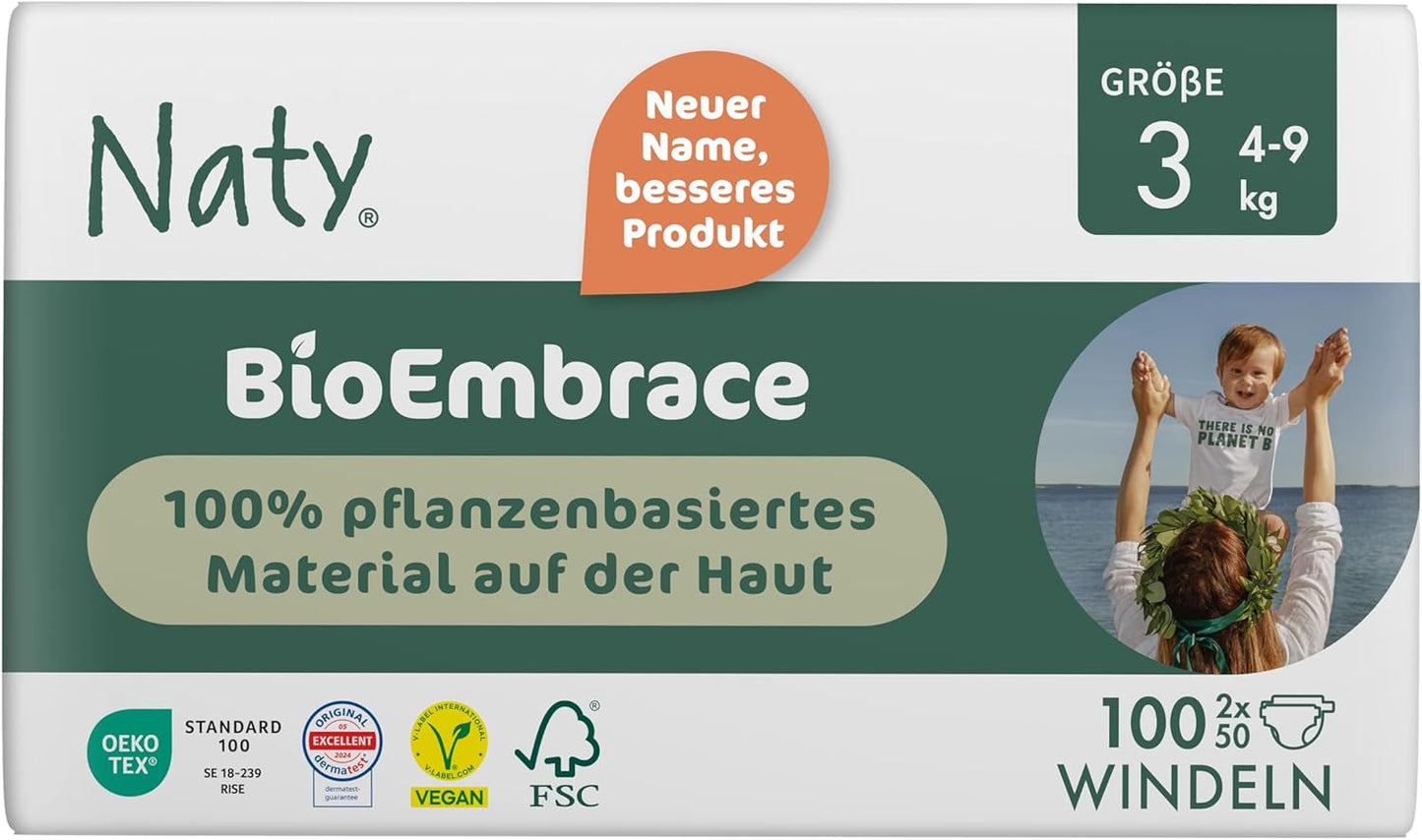 Pieluchy dla niemowląt Naty BioEmbrace, rozmiar 3 (4–9 kg) | 100% materiałów roślinnych, delikatnych dla skóry | Oddychająca miękkość, testowana dermatologicznie, doskonała wchłanialność | 100 szt.