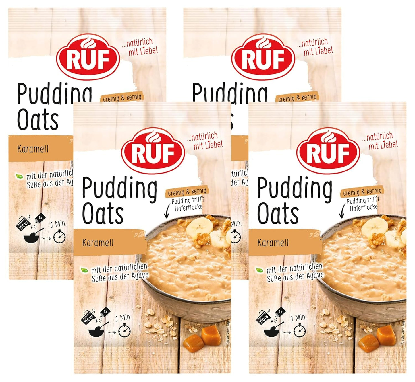 Karmelowy Pudding Owsiany, harmonijne połączenie budyniu karmelowego i pełnoziarnistych płatków owsianych, bez cukru, słodzony syropem z agawy, 1 saszetka x 64g (4 opakowania)