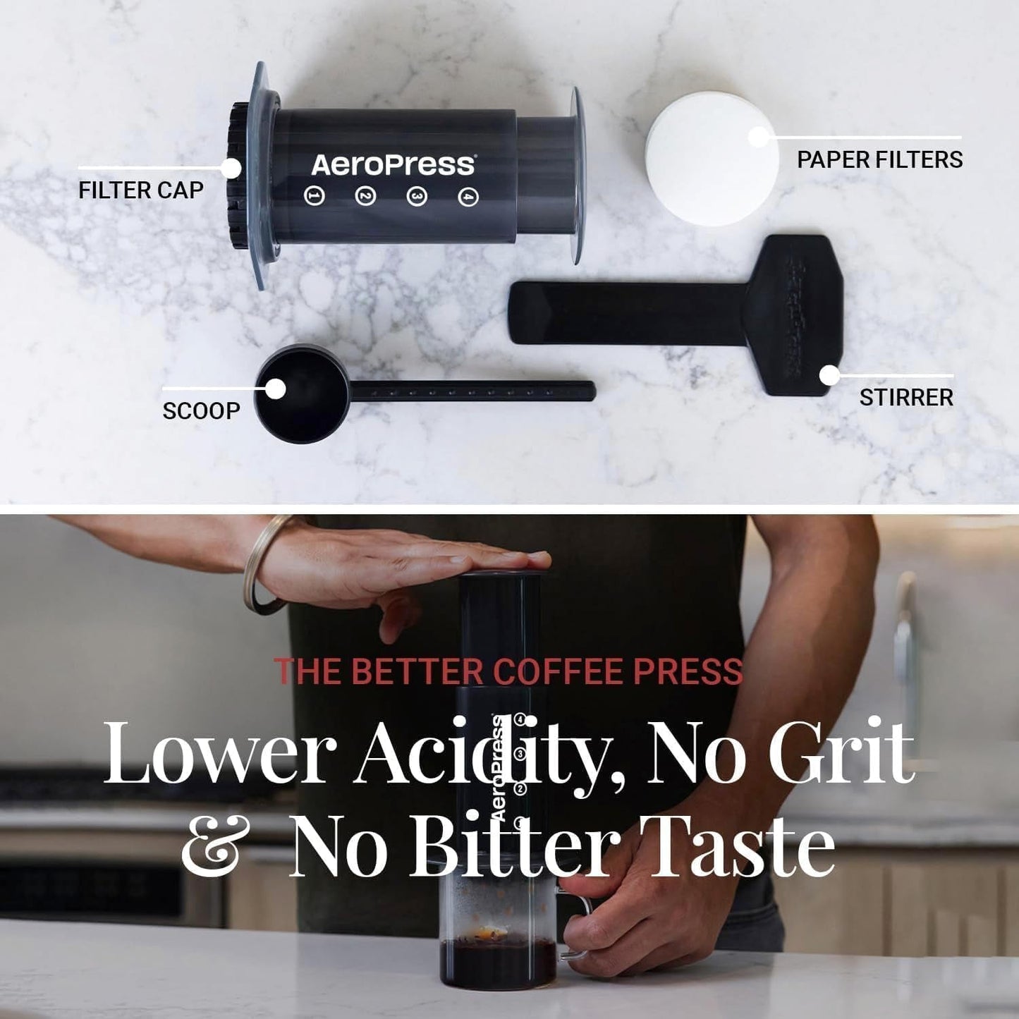 Oryginalny ekspres do kawy i espresso AeroPress, Przenośny ekspres do kawy na poziomie baristy z komorą, tłokiem i filtrami, Szybki ekspres do kawy i espresso