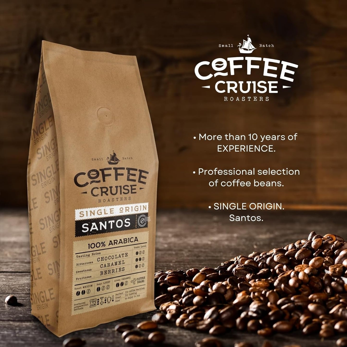 WYCIECZKA KAWOWA Santos Kaffeebohnen 1kg - Mittlere Röstung - Aroma Caramel - Für All Kaffeemaschinen - 100% Arabski