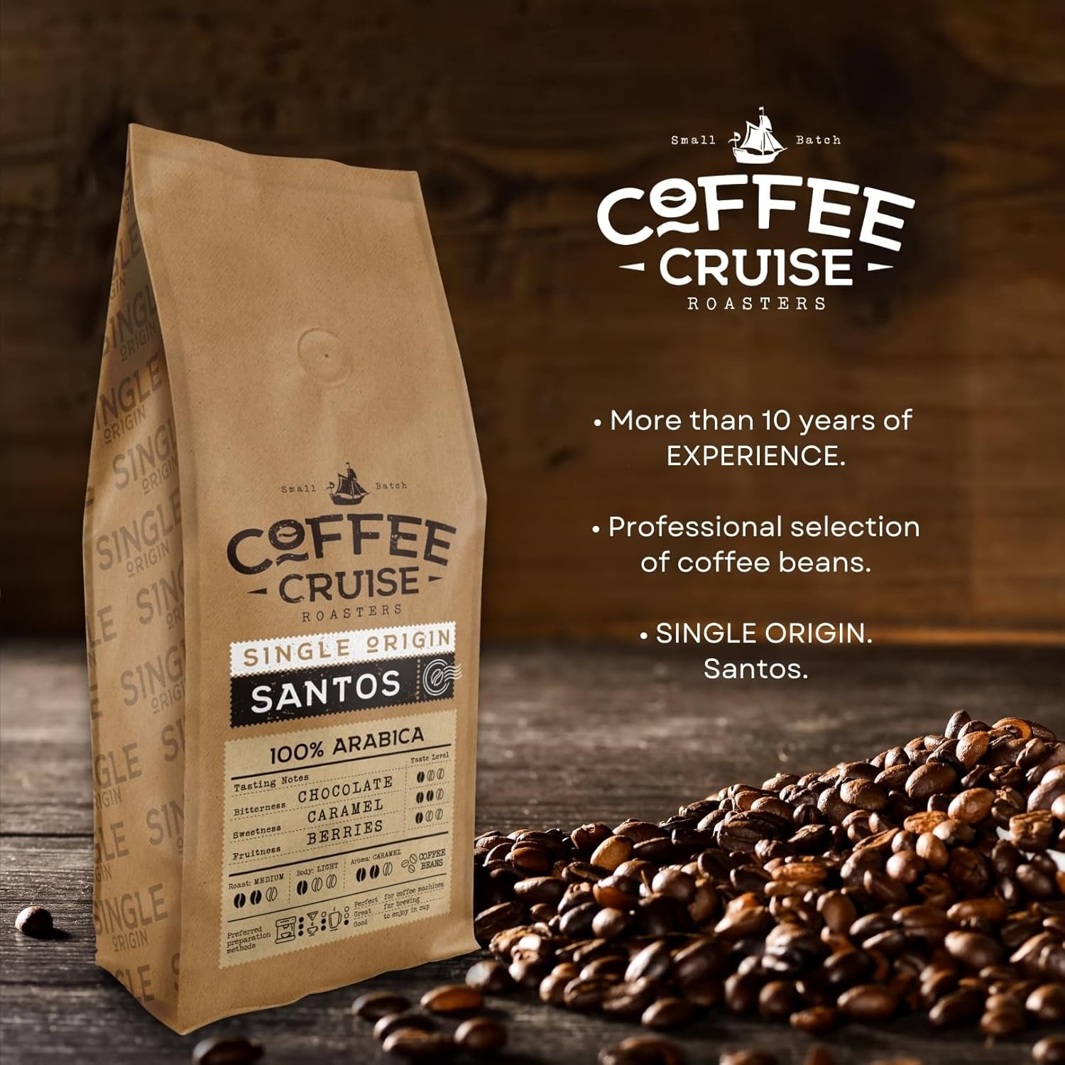 WYCIECZKA KAWOWA Santos Kaffeebohnen 1kg - Mittlere Röstung - Aroma Caramel - Für All Kaffeemaschinen - 100% Arabski