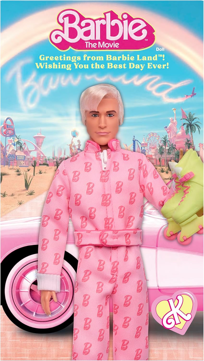 Barbie The Movie - Ken-Sammelpuppe, Ryan Gosling jako Ken w różowym kombinezonie z „B”-Aufdruck, weißen Sneakern i bunten Inlineskates, JCP80