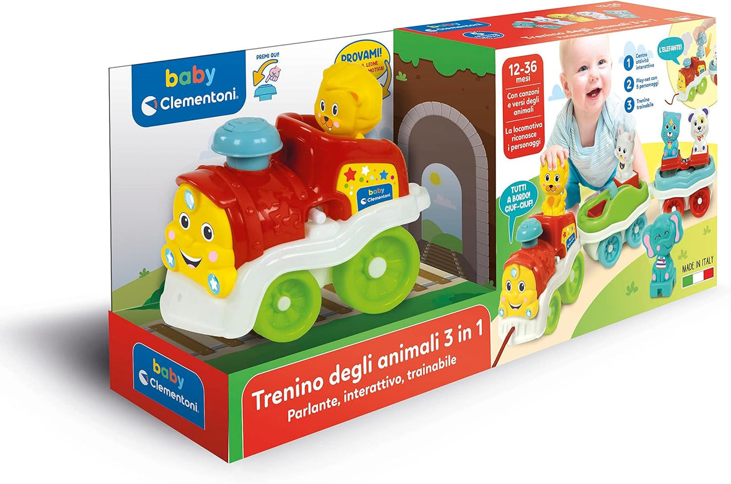 Clementoni Animali-3 Mówiący interaktywny, rozkładany elektryczny pociąg zabawkowy dla 1-letniego dziecka (wersja włoska) Made in Italy Multicolor 17740 Jucarii Bebe Naty Shop