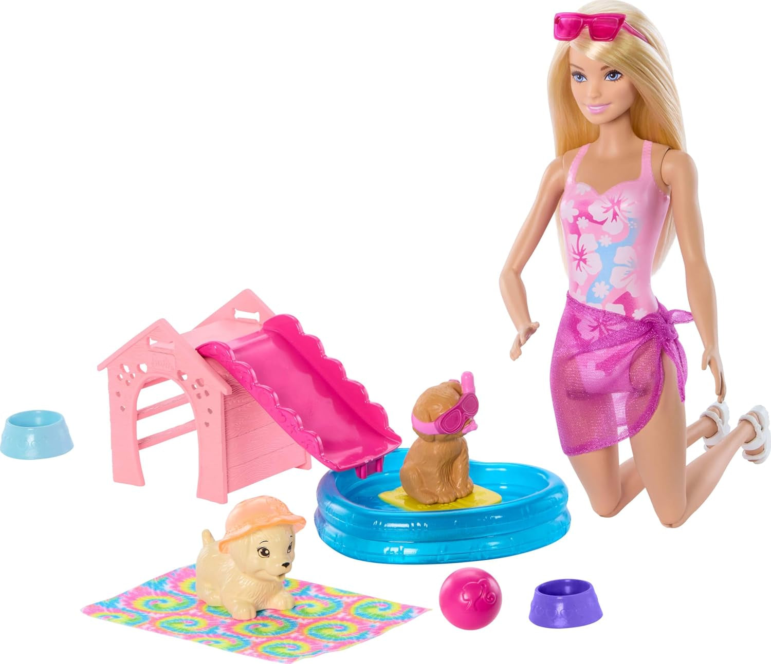 Zestaw Barbie dla szczeniąt na basenie z lalką modową, budką dla psa i zjeżdżalnią, basenem w kształcie serca, 2 figurkami psów, 6 akcesoriami i zmieniaczem kolorów, JBF35