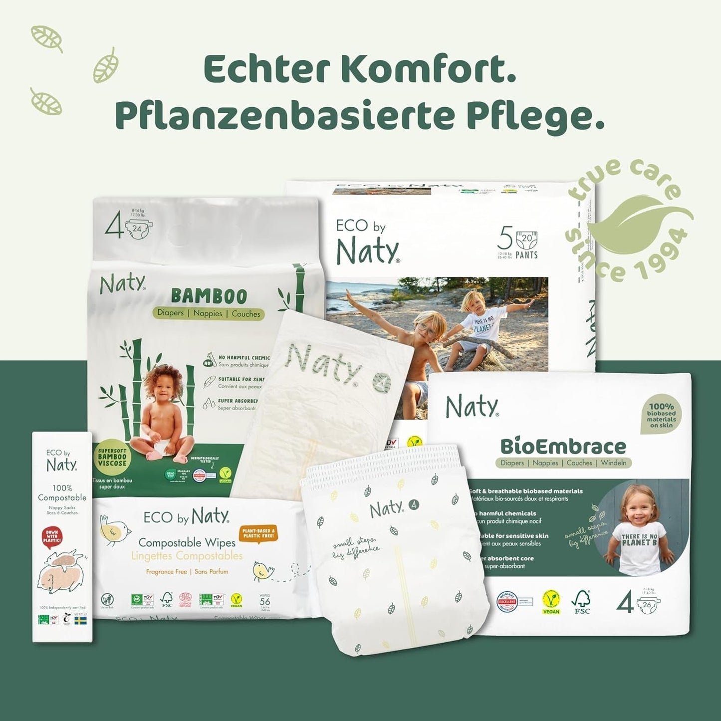Pieluchy dla niemowląt Naty BioEmbrace, rozmiar 3 (4–9 kg) | 100% materiałów roślinnych, delikatnych dla skóry | Oddychająca miękkość, testowana dermatologicznie, doskonała wchłanialność | 100 szt.