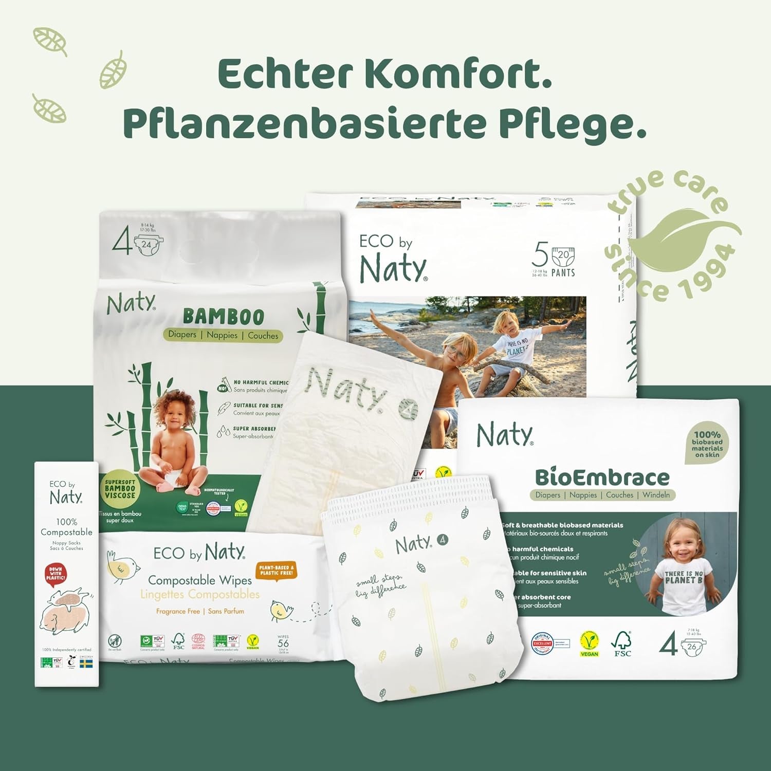 Pieluchy dla niemowląt Naty BioEmbrace, rozmiar 3 (4–9 kg) | 100% materiałów roślinnych, delikatnych dla skóry | Oddychająca miękkość, testowana dermatologicznie, doskonała wchłanialność | 100 szt.