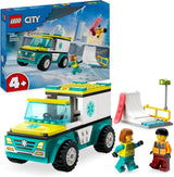 LEGO City Ambulans i snowboardzista, zestaw karetki pogotowia z samochodzikiem i 2 minifigurkami, figurką snowboardzisty i ratownika medycznego, pomysłowy prezent dla chłopców i dziewcząt od 4 lat 60403 Zestawy do budowania Besuche den LEGO-Store Domyślny tytuł