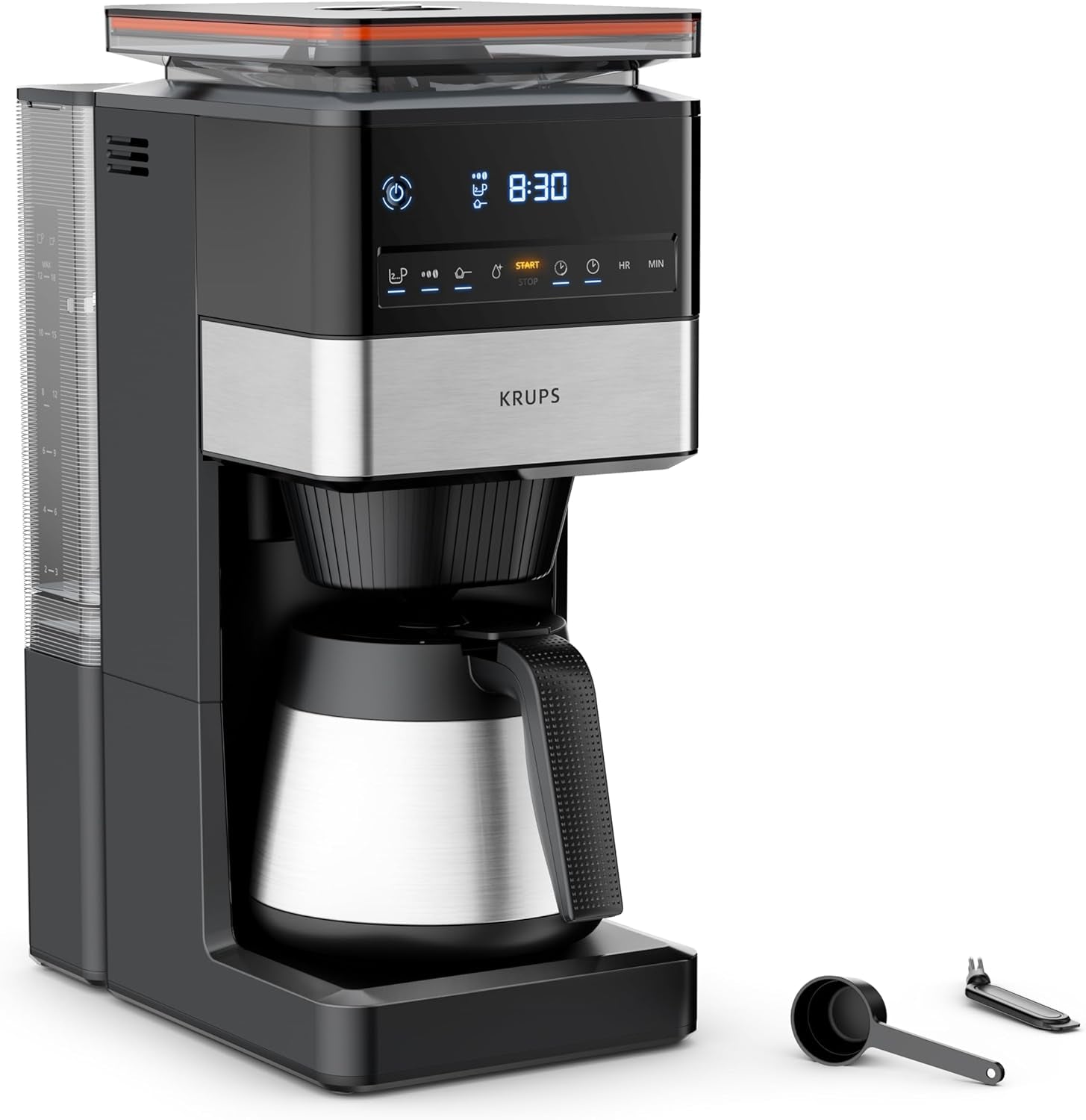 KRUPS Grind Aroma XL Ekspres do kawy, zdejmowany młynek stożkowy, cyfrowy panel sterowania, pojemność XL (1,5 l), funkcja utrzymywania ciepła, szklana karafka, czarny/stal nierdzewna, KM842810