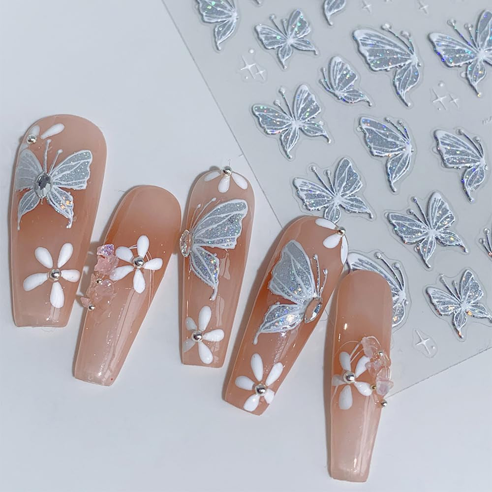 Aurora Muschel Schmetterling Nagelsticker Weiß Schmetterlinge Naklejka na paznokcie Gelee Relief Butterfly Nagelaufkleber Y2K Motyle Nagel Naklejka Nägel Nageldesign Nagel Zubehör Naklejki na paznokcie Nailart