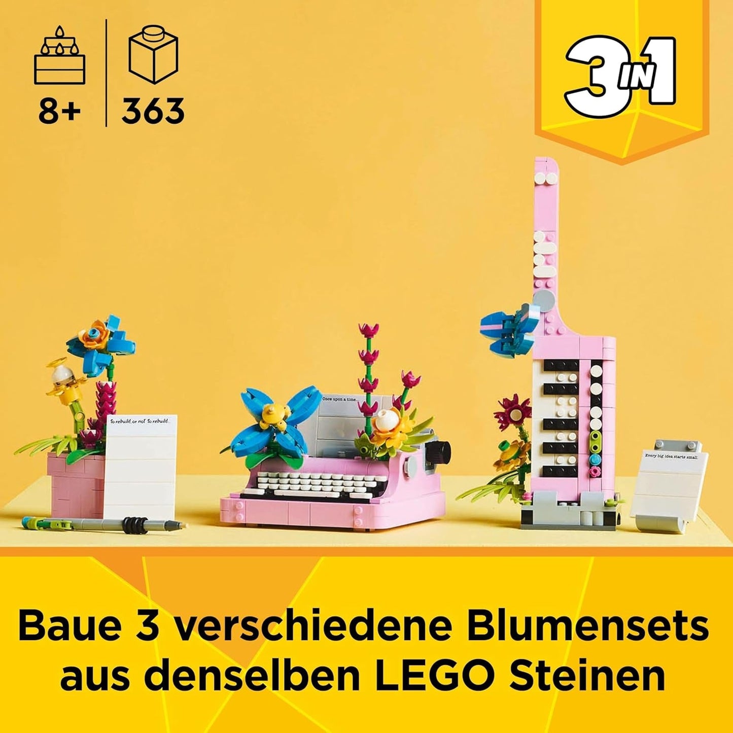 LEGO Creator Maszyna do pisania 3 w 1 z kwiatami - zabawkę można przekształcić w model Keytara lub w doniczkę z notatnikiem i długopisem - zestaw do budowania - prezent dla dziewcząt i chłopców od 8 lat 31169 Zestawy do budowania Besuche den LEGO-Store