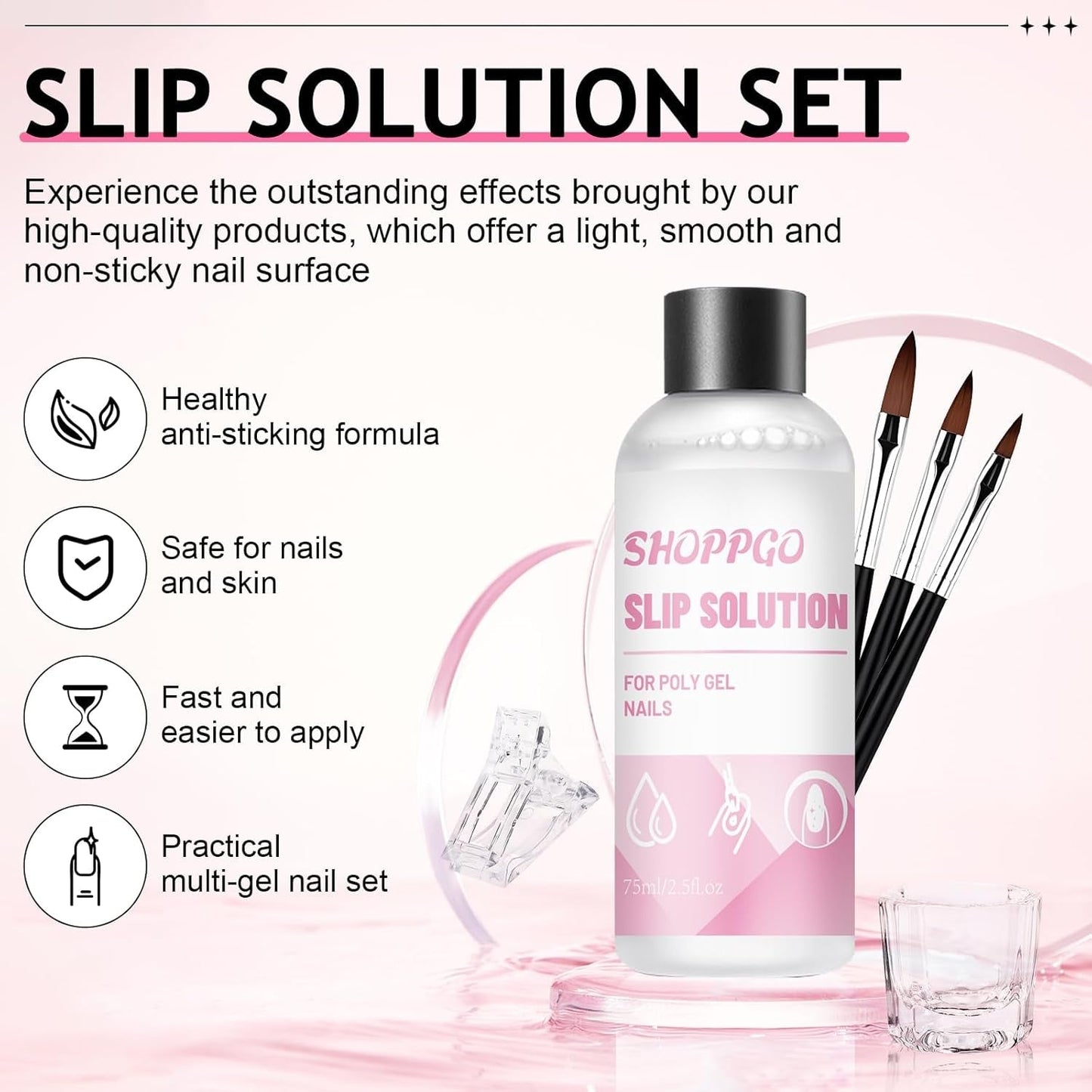 Roztwór do paznokci Polygel, Zestaw do paznokci Poly Gel Slip Solution, Płynne roztwory do paznokci Polygel 75 ml, 5 klipsów na końcówki paznokci, 3 szczoteczki do paznokci, 1 kryształowy kubek, 100 arkuszy czyszczących