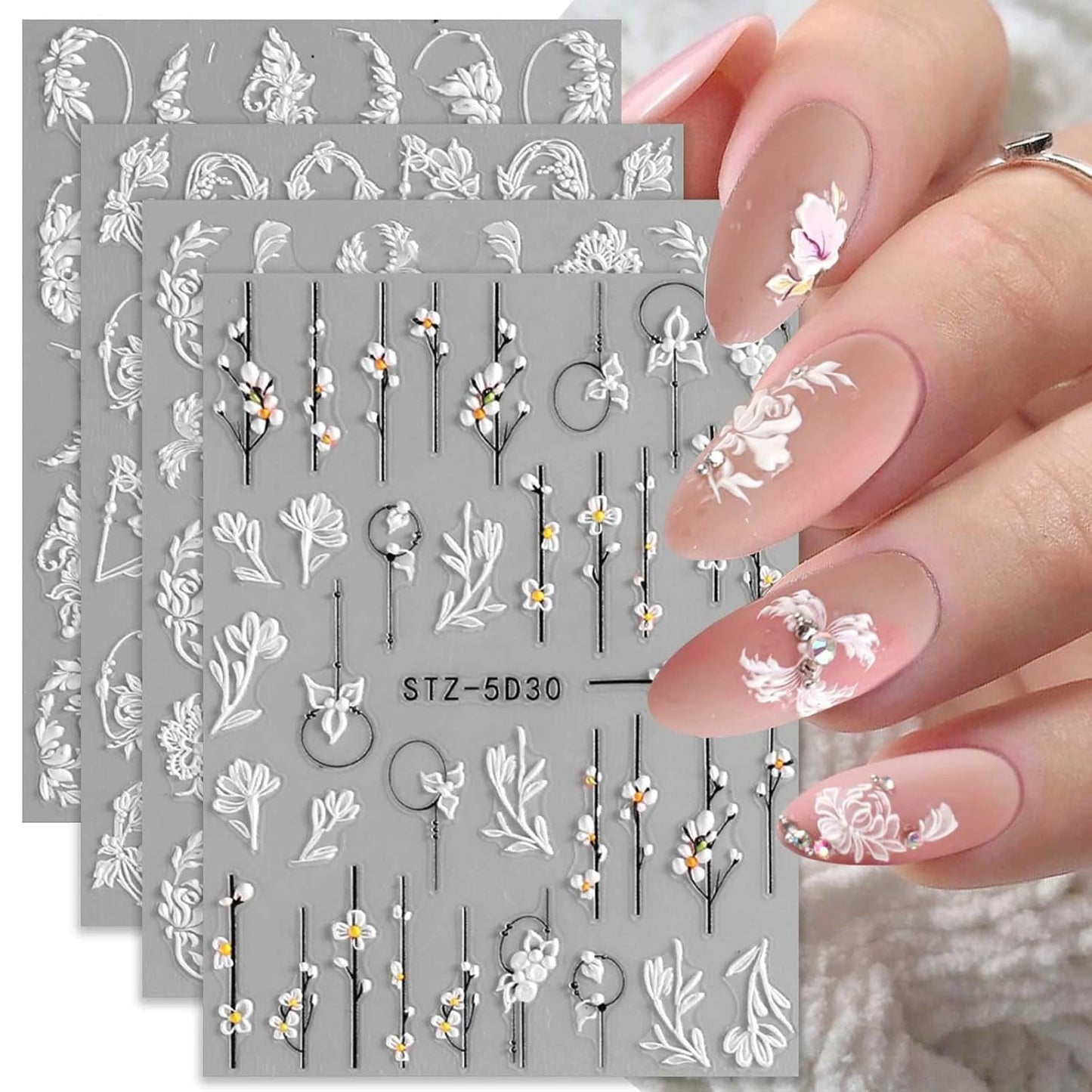 4 Blatt 3D Nagelsticker Frühling Blume Nagelaufkleber 5D Stereoskopisch Selbstklebend Nail Art Naklejka Dekoration Nageldesign Zubehör