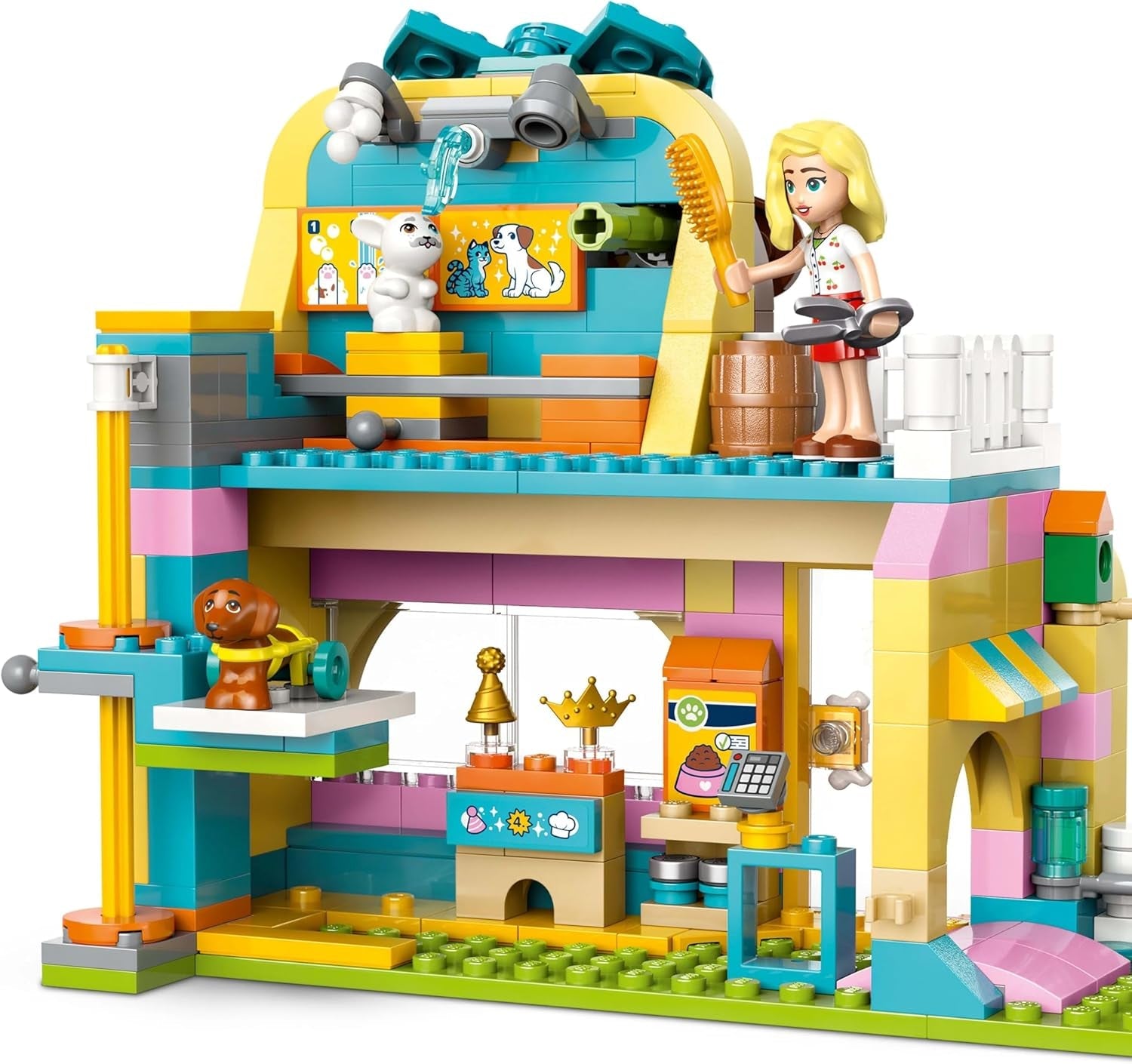 LEGO Friends Sklep z akcesoriami dla zwierząt Zestaw do zabawy w udawanie Zabawka edukacyjna dla 6-letnich dziewczynek 3 minifigurki i 3 figurki zwierząt Kot Pies Królik Pomysł na prezent dla dzieci 42650 Zestawy do budowania Besuche den LEGO-Store