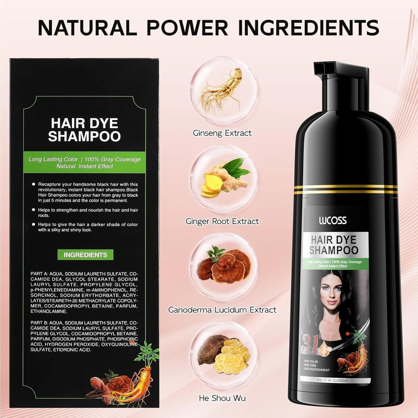 Natychmiastowy szampon do włosów czarnych, naturalny szampon do farbowania włosów, 100% pokrycie siwizny - łatwa i szybka, półtrwała koloryzacja do czarnych włosów, szampon do farbowania włosów dla mężczyzn i kobiet Farba do włosów Naty Shop