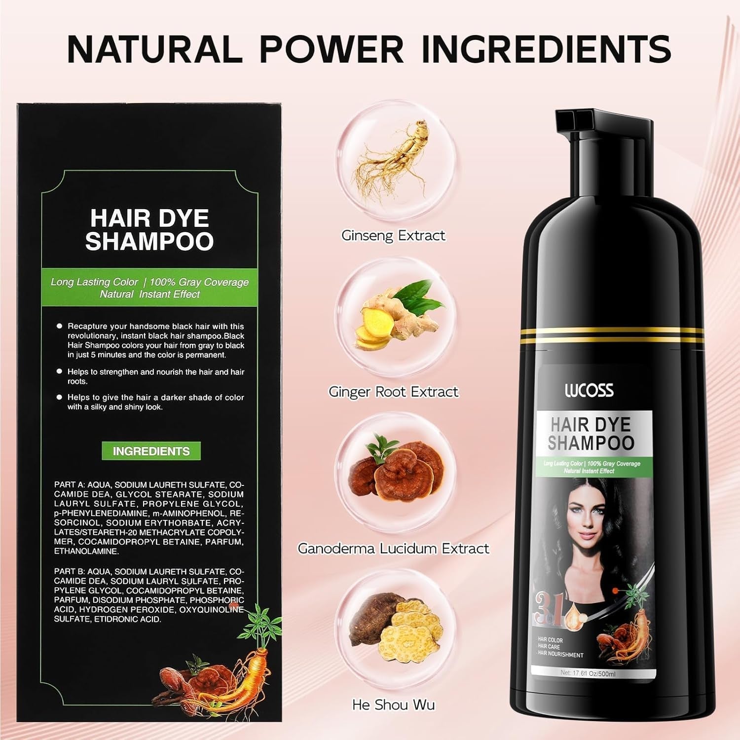 Natychmiastowy szampon do włosów czarnych, naturalny szampon do farbowania włosów, 100% pokrycie siwizny - łatwa i szybka, półtrwała koloryzacja do czarnych włosów, szampon do farbowania włosów dla mężczyzn i kobiet Farba do włosów Naty Shop