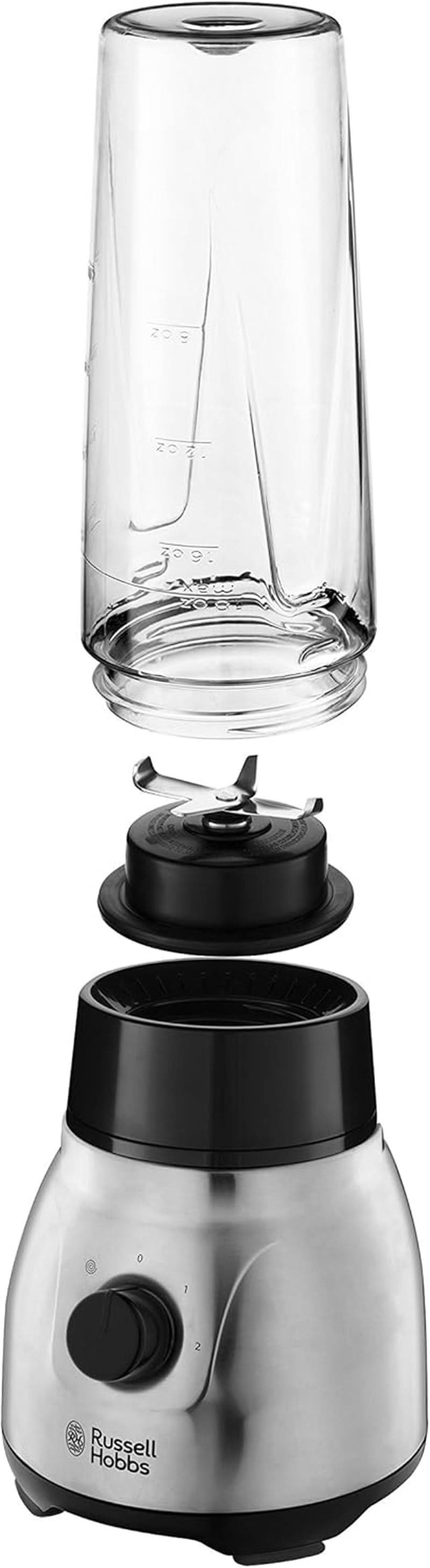 Mikser stojący Russell Hobbs 2 w 1 [mikser do glazury o pojemności 1,5 l i mini-automat do smoothie o pojemności 0,6 l -Trinkflasche na wynos Inkl. Deckel] Spülmaschinenfest, Impuls-/Ice-Crush Funktion, Becher BPA Frei, Edelstahl 23821-56 Kitchen Naty Shop