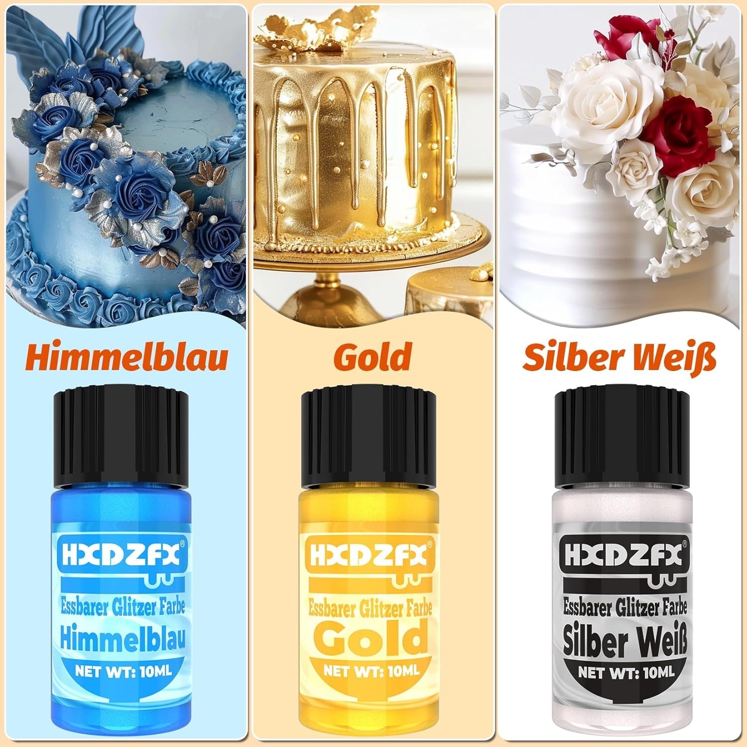 Essbarer Glitzer - 3 Torten Kuchen Deko Essbare, Metallic Lebensmittelfarbe Flüssiges, Jadalny brokat Für Muffin, Koktajl, Pianki - 10Ml Naty Shop