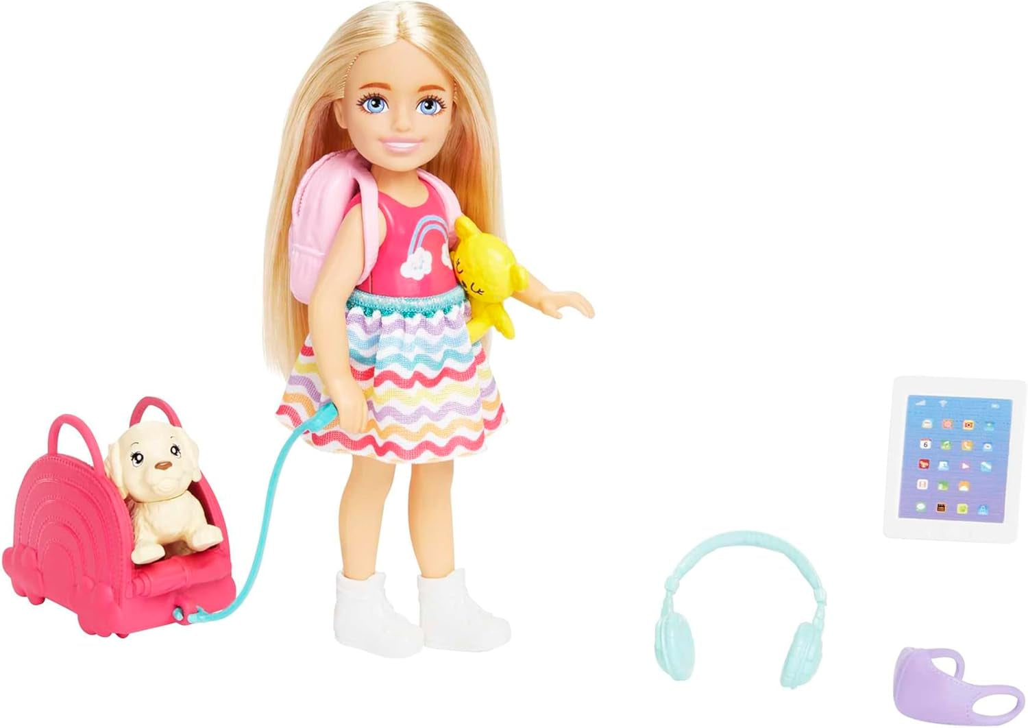 Barbie Chelsea Lalka i akcesoria 6-częściowy zestaw podróżny dla szczeniąt zawierający klatkę dla psa HJY17