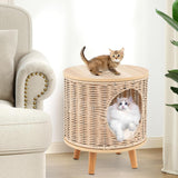 Katzenhaus Rattan, Katzenmöbel mit Holzbeinen & soft Kissen, 3 w 1 Katzenhöhle Fußhocker Nachttisch, Katzenbett stabil bis 30 kg dla Wohnzimmer Schlafzimmer