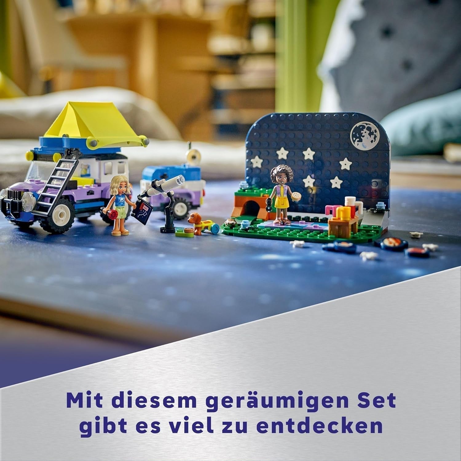 Zestaw pojazdów kempingowych LEGO Friends Stargazer z pojazdem terenowym i zabawkowym teleskopem, prezent dla dziewcząt i chłopców od 7 lat, zawiera figurki Nova, Aliya i psa 42603 Zestawy do budowania Besuche den LEGO-Store