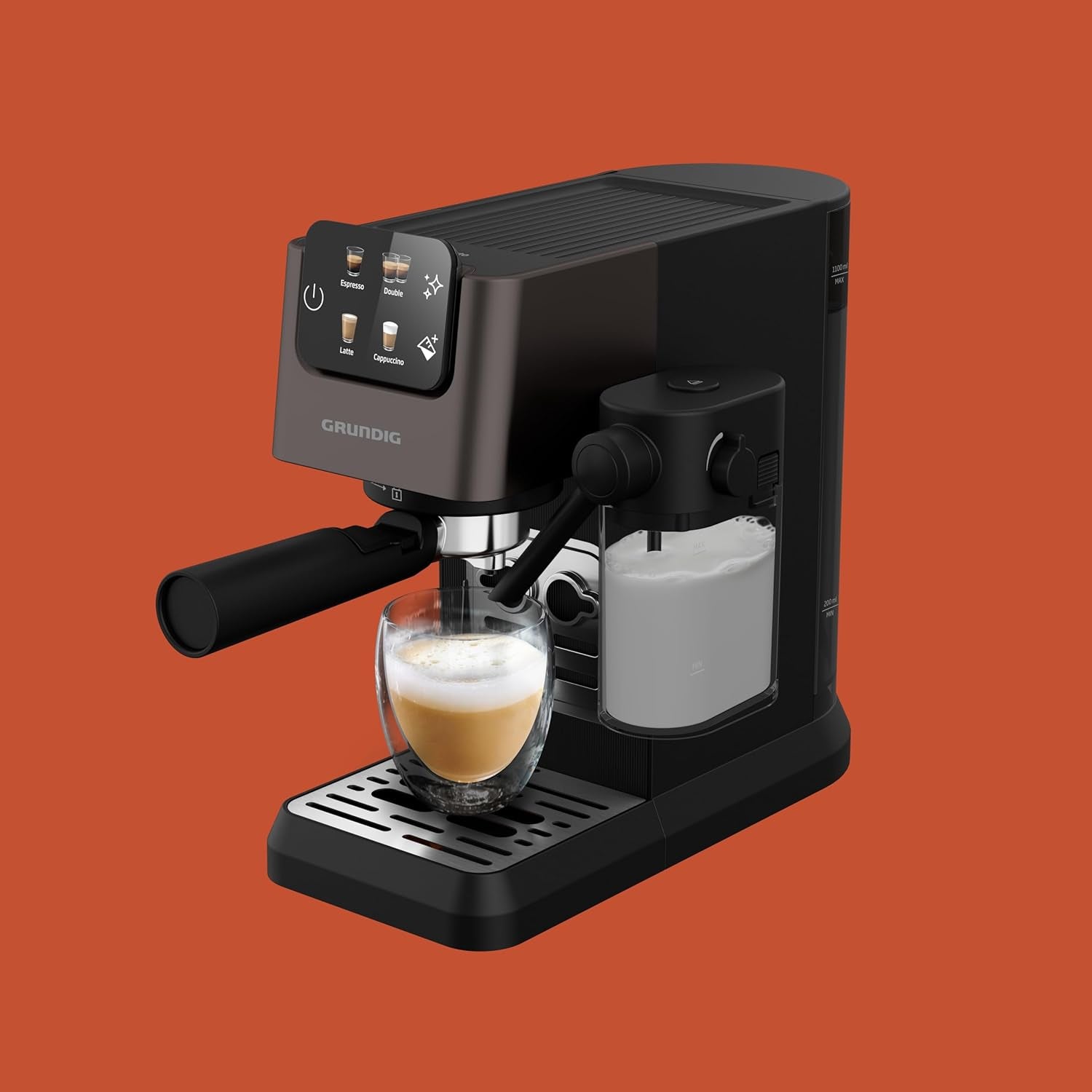 Ekspres do kawy z kolbą GRUNDIG KSM 5330 ze zintegrowanym pojemnikiem na mleko, moc 1628 W, ciśnienie pompy 15 bar, podwójna dysza, kolorowy wyświetlacz dotykowy, BrewSense, CreamyPro, Ciemna stal nierdzewna/Czarny