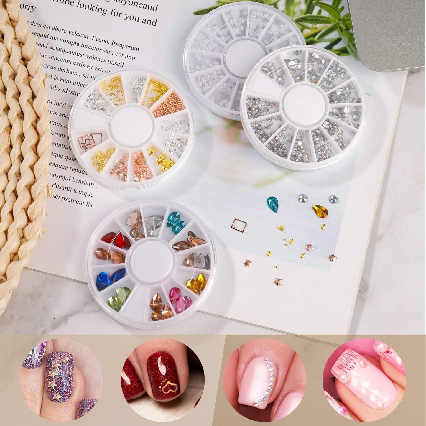 Zestaw do zdobienia paznokci i Nagelpinsel, Nageldesign Zubehör, Nagelset 5 Stk 2 Wege Punktierung Stift, 15 Malerei Polnisch Pinsel Set, 10 Streifenband, 4 Boxen Bunte Nagel Rhinestones Dekoration