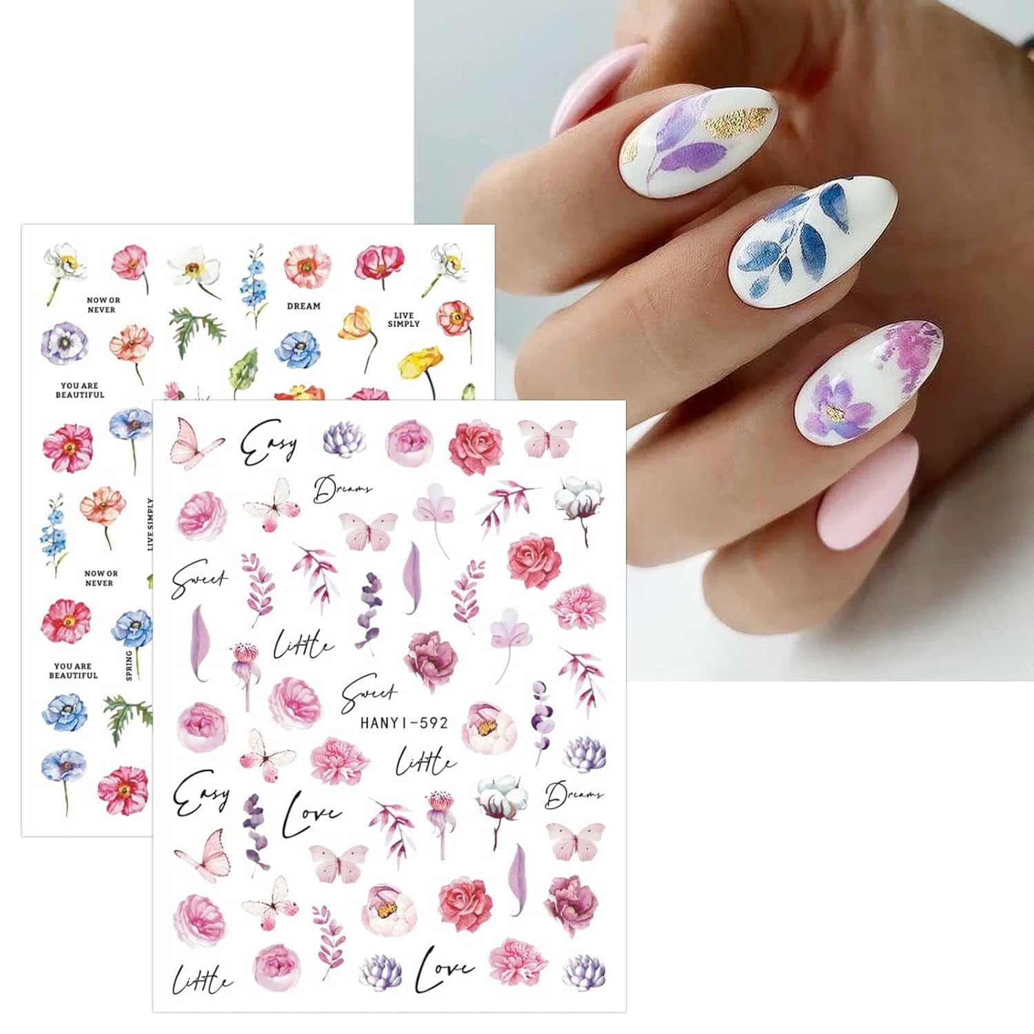 JMEOWIO Nagelsticker Blumen Frühling 9 Blatt Nail Art Naklejka Selbstklebend Nagelaufkleber Buntes Sommer Blumen Dekoration Nageldesign Zubehör