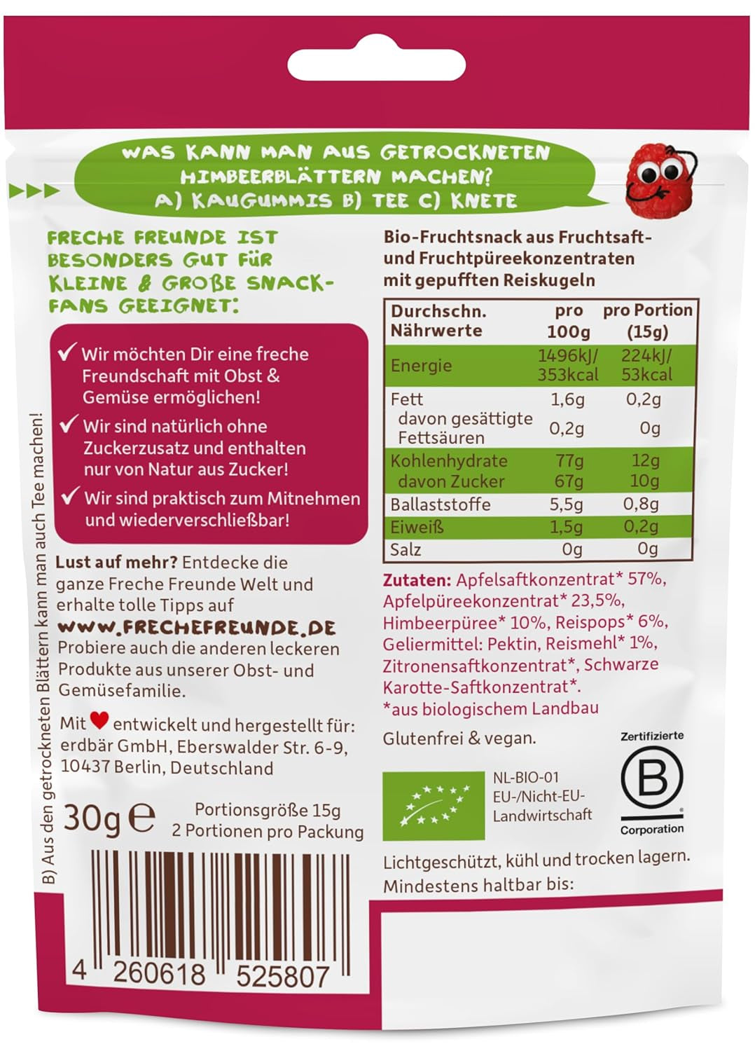 FRECHE FREUNDE Organiczne galaretki owocowe, lizaki jabłkowe, malinowe i ryżowe, słodka owocowa przekąska dla dzieci, bezglutenowe, wegańskie, opakowanie 20 szt. (20 x 30g)
