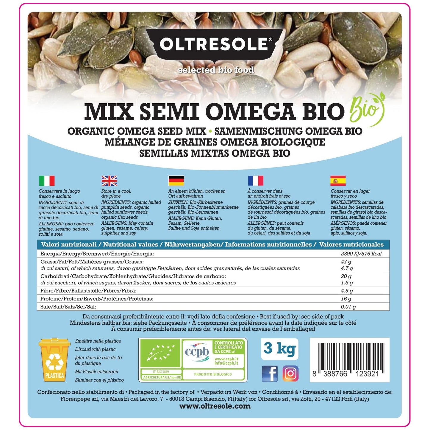Organiczna Mieszanka Nasion Omega 3 kg (mieszanka nasion dyni, słonecznika i lnu), mieszanka 3 całych surowych nasion oleistych, bogata w białko, błonnik i kwasy tłuszczowe omega-3